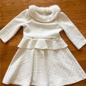 Janie and Jack White Textured Dress with Faux Fur Collar